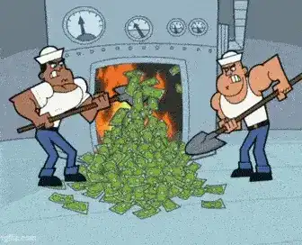 people shoveling money into fire
